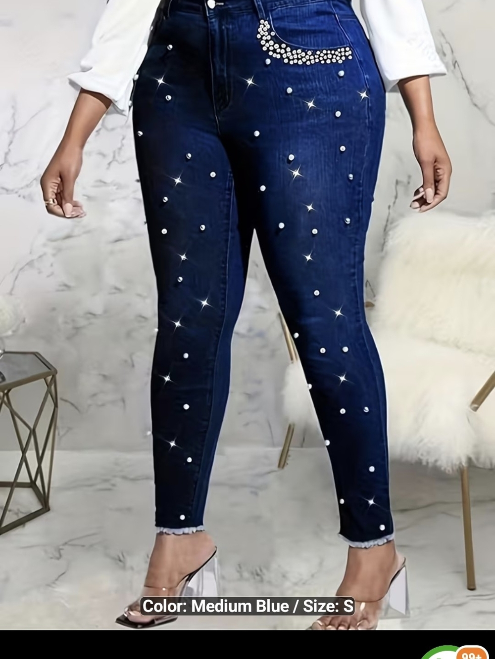 Pearl Embellished Medium Blue Stretch Jeans - Women's